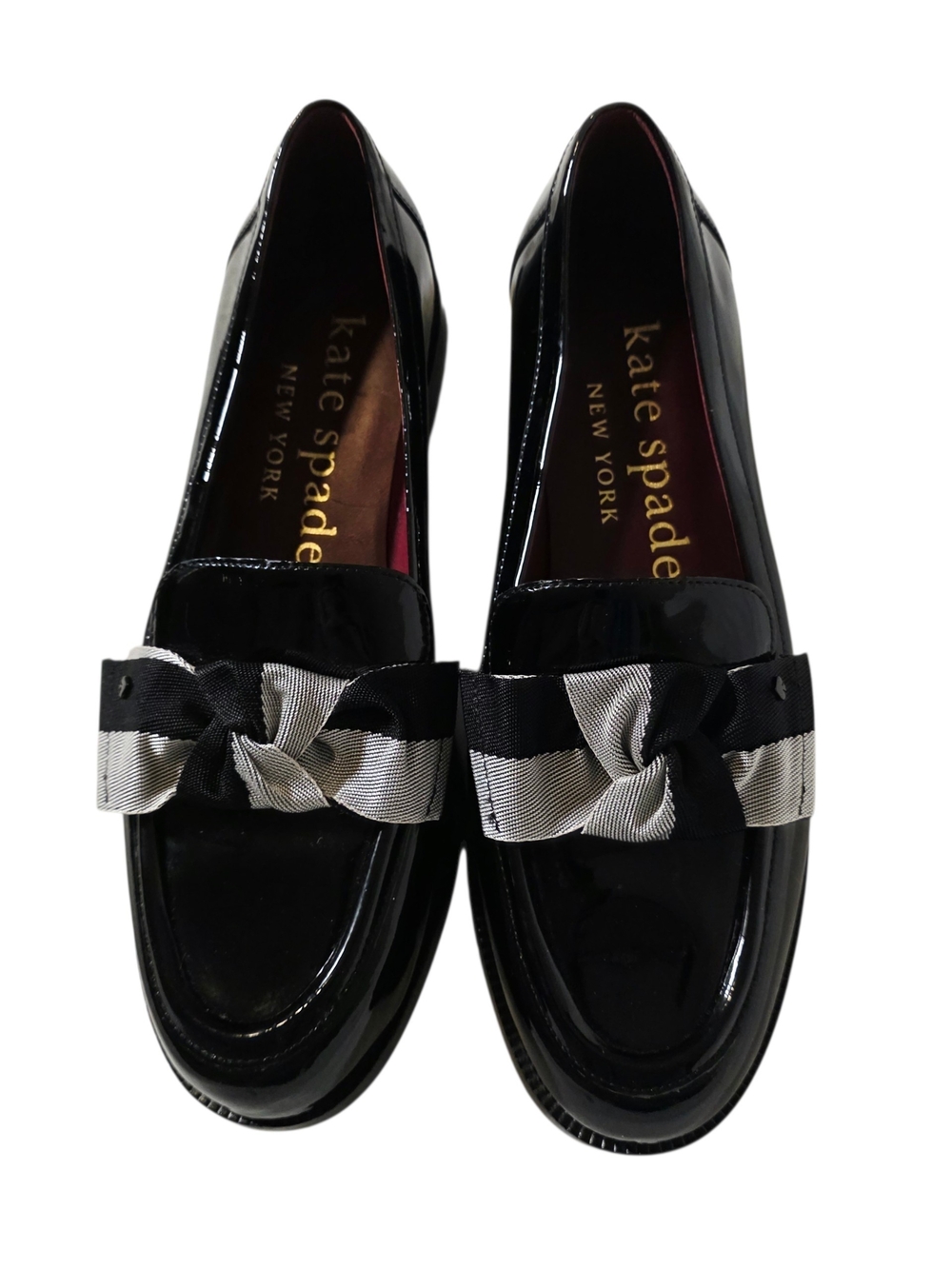 Kate Spade Black Patent Loafers with Striped Bow
